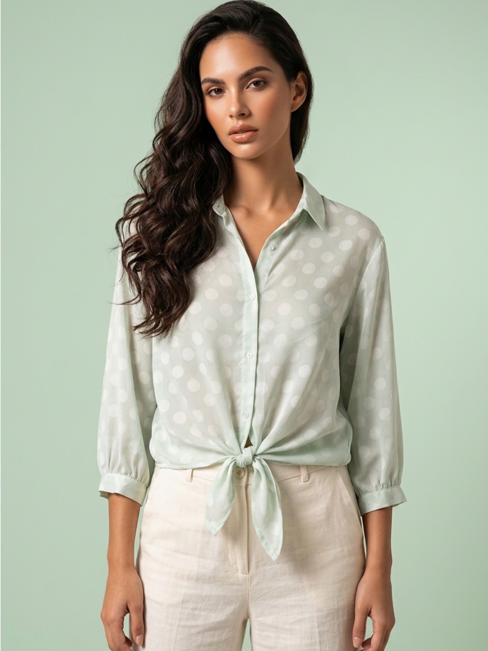 Cloud Chaser Light Sage Tie-Front Button Down Blouse